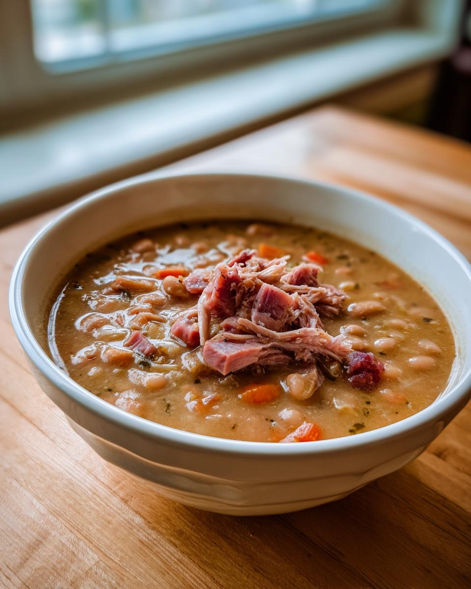 A close-up of a white bowl filled with creamy navy bean soup, topped with shredded ham and visible carrot pieces.