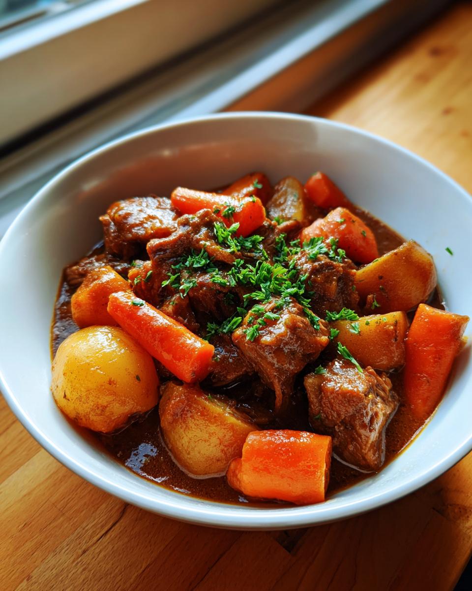 A close-up of a rich, dark pork stew served in a white bowl, featuring tender meat chunks, bright carrots, potatoes, and fresh parsley.