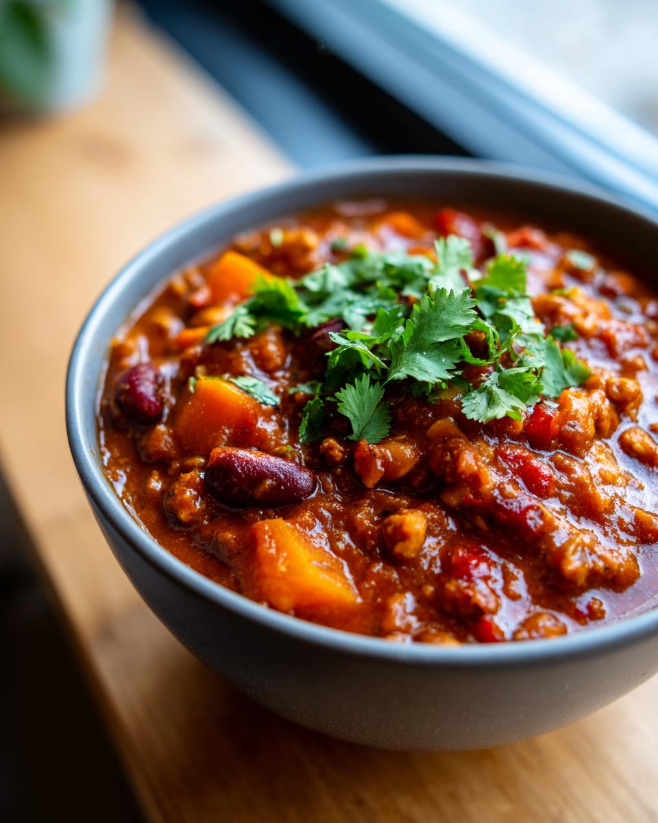 Close-up of a rich, dark red bowl of pumpkin chili featuring kidney beans and chunks of orange pumpkin, topped with fresh cilantro.