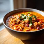 Close-up of a rich, savory bowl of pumpkin chili topped with fresh cilantro garnish.