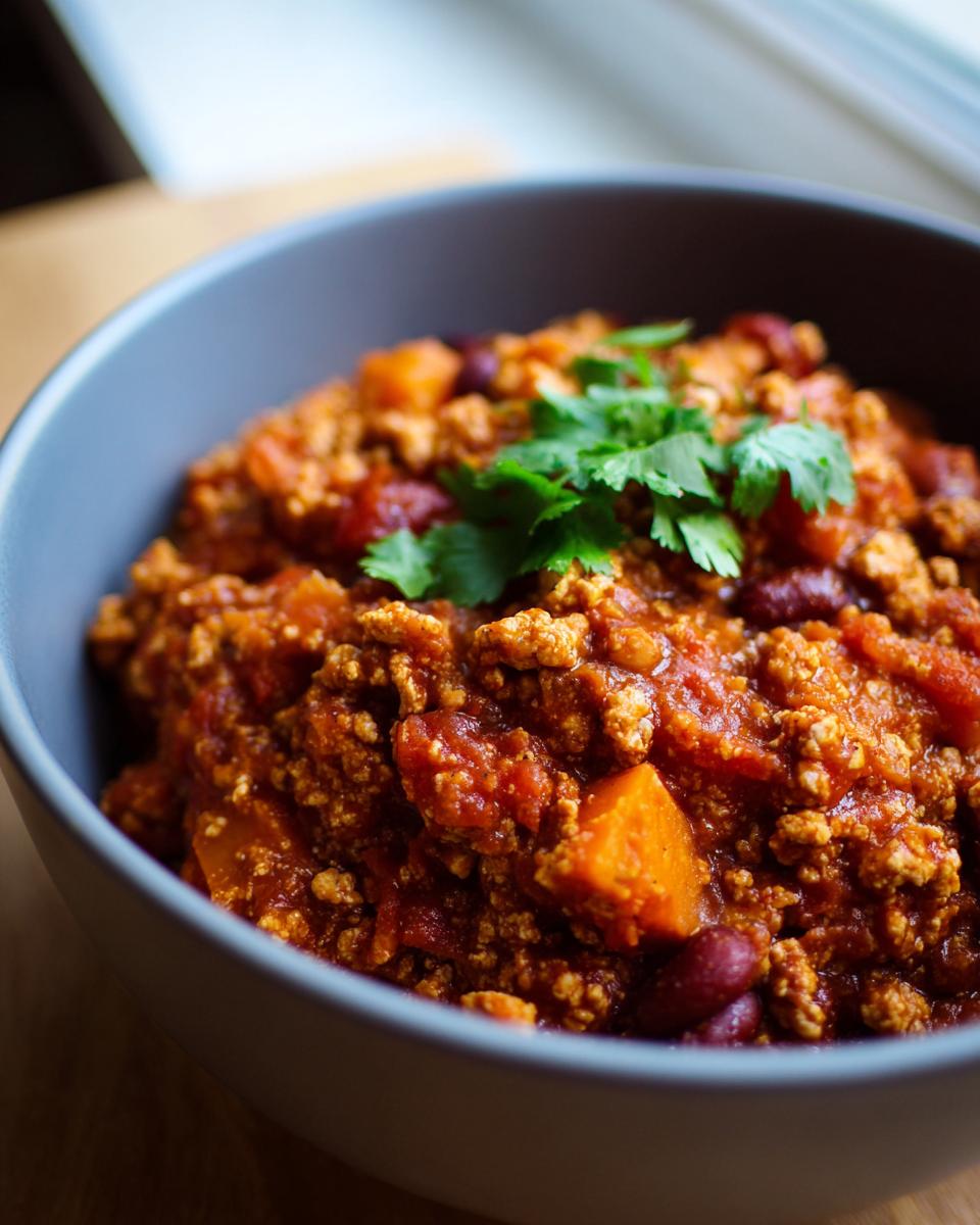 Close-up of a bowl of rich, savory pumpkin chili garnished with fresh cilantro.