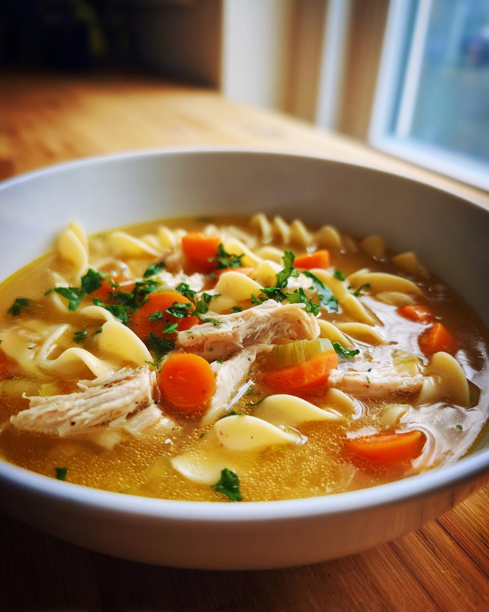 Close-up of a white bowl filled with rich turkey noodle soup, featuring shredded turkey, egg noodles, carrots, and parsley.