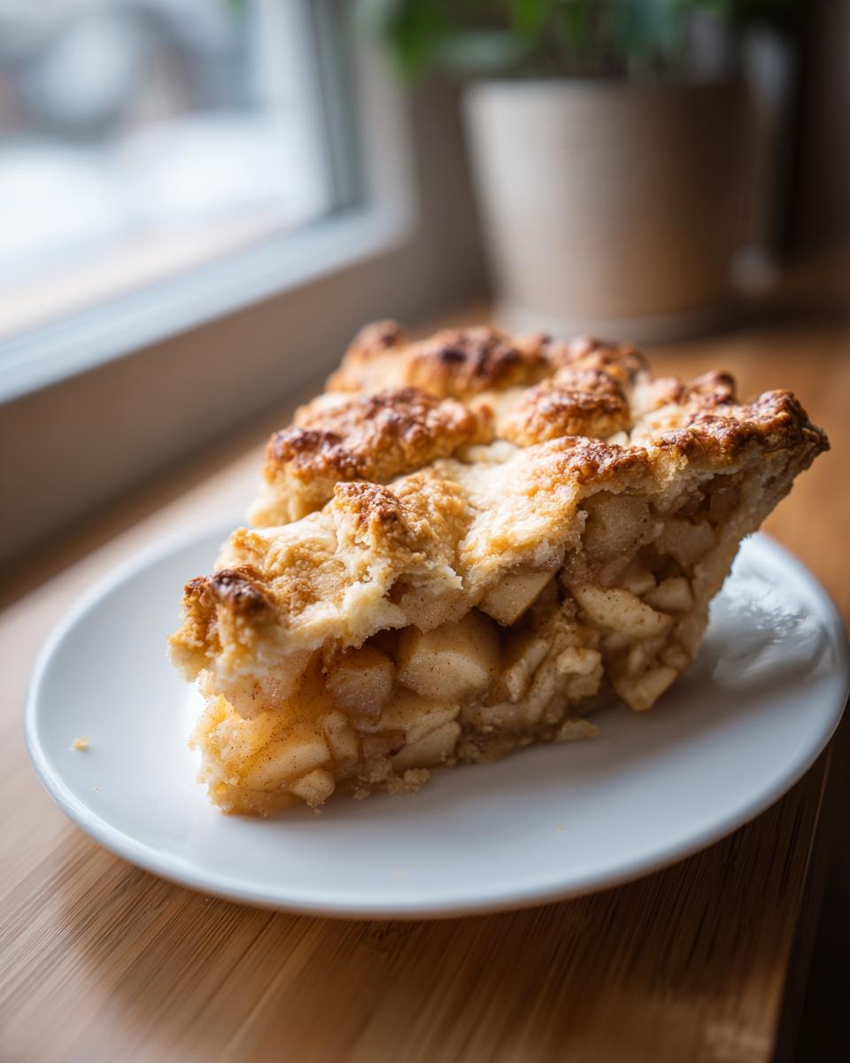 A close-up of a thick slice of homemade apple pie with a golden crumb topping, showing chunky apple filling.