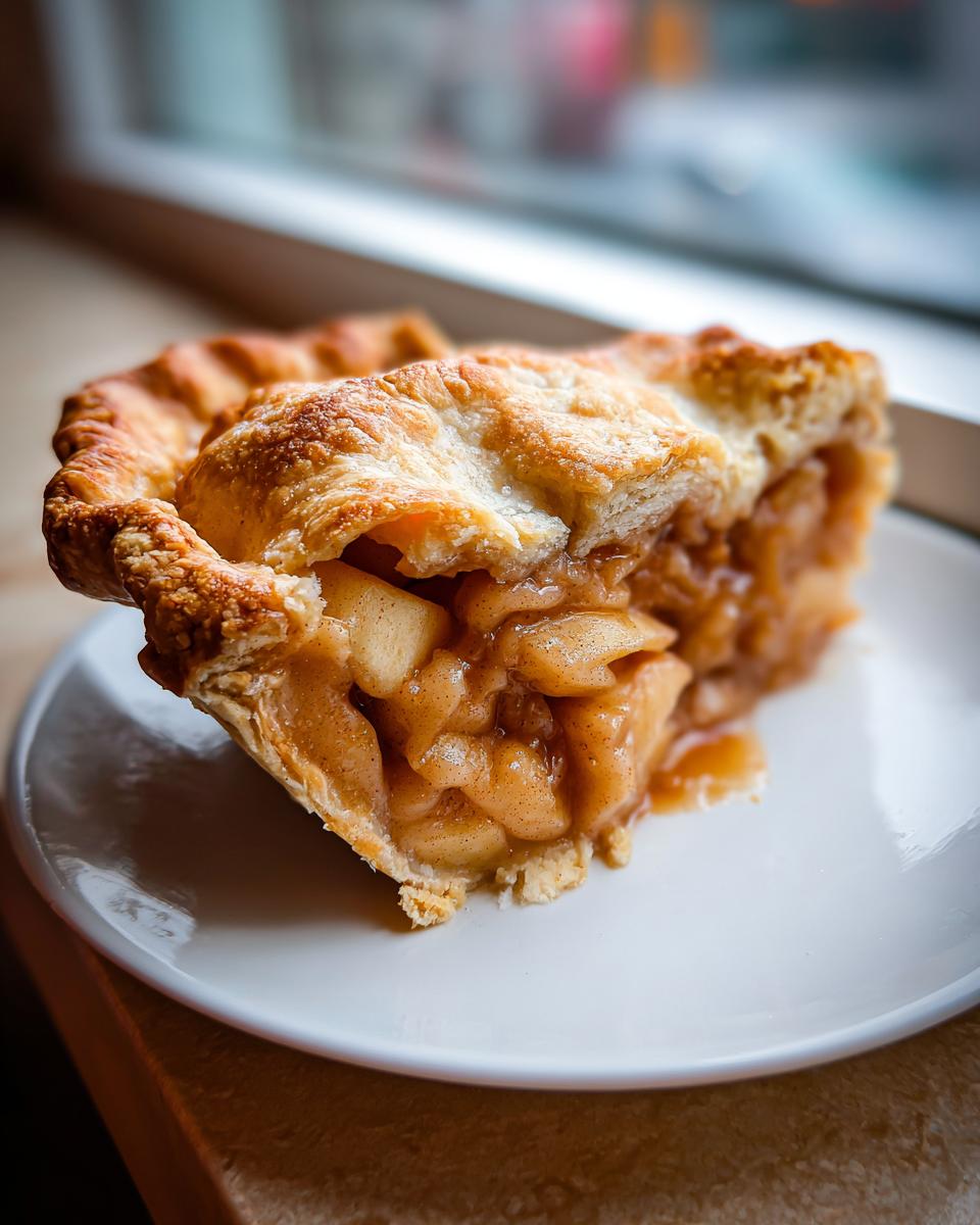 A close-up of a thick slice of homemade apple pie showing chunky, spiced filling and a golden, flaky crust.