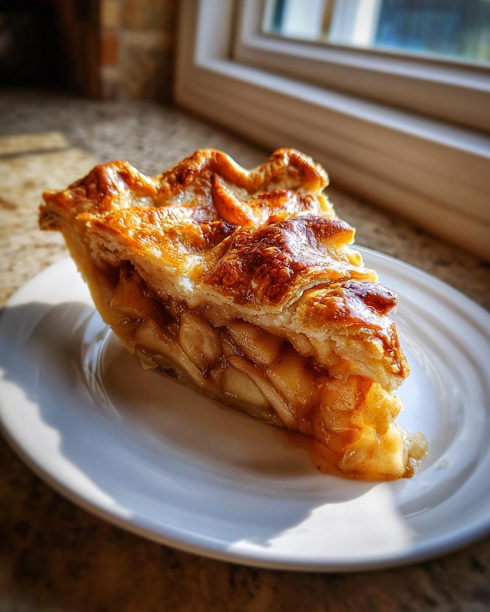 A close-up of a perfect slice of homemade apple pie showing flaky, golden crust and cinnamon-spiced apple filling.