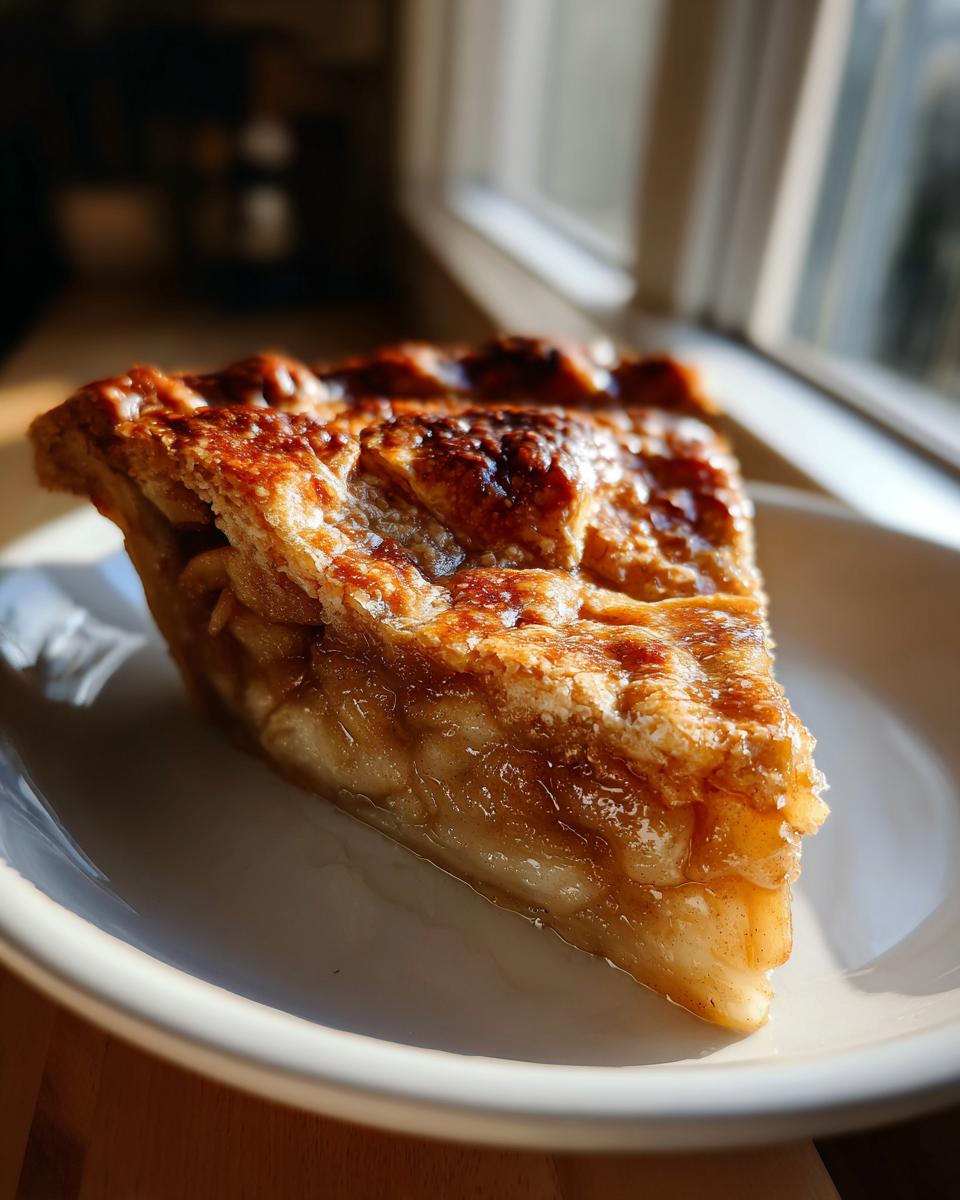 A close-up of a glistening slice of homemade apple pie with a golden, flaky crust, sitting on a white plate near a window.