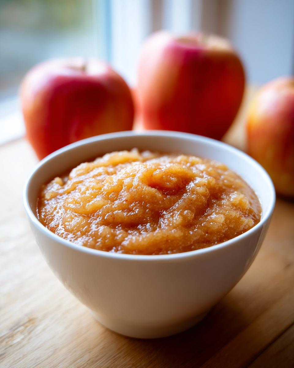 A close-up of chunky, homemade applesauce in a white bowl, with fresh red apples blurred in the background.