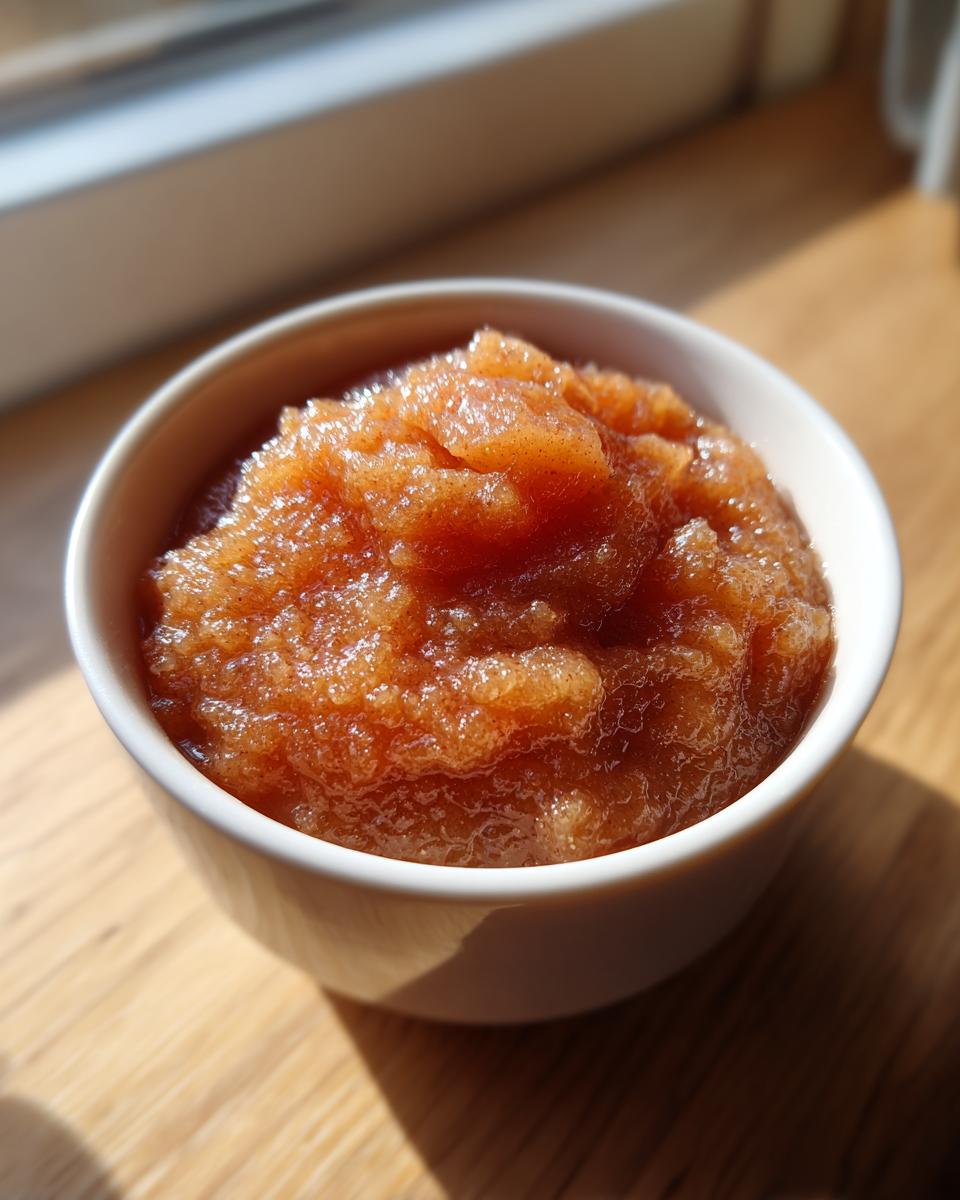 Close-up of chunky, spiced applesauce served in a small white bowl, highlighted by bright sunlight.