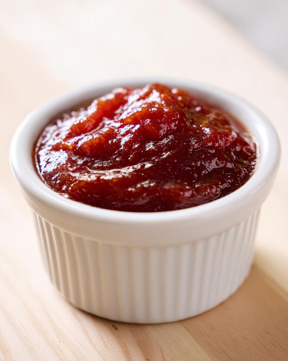 Close-up of thick, rich, homemade bbq sauce served in a small white fluted ramekin.