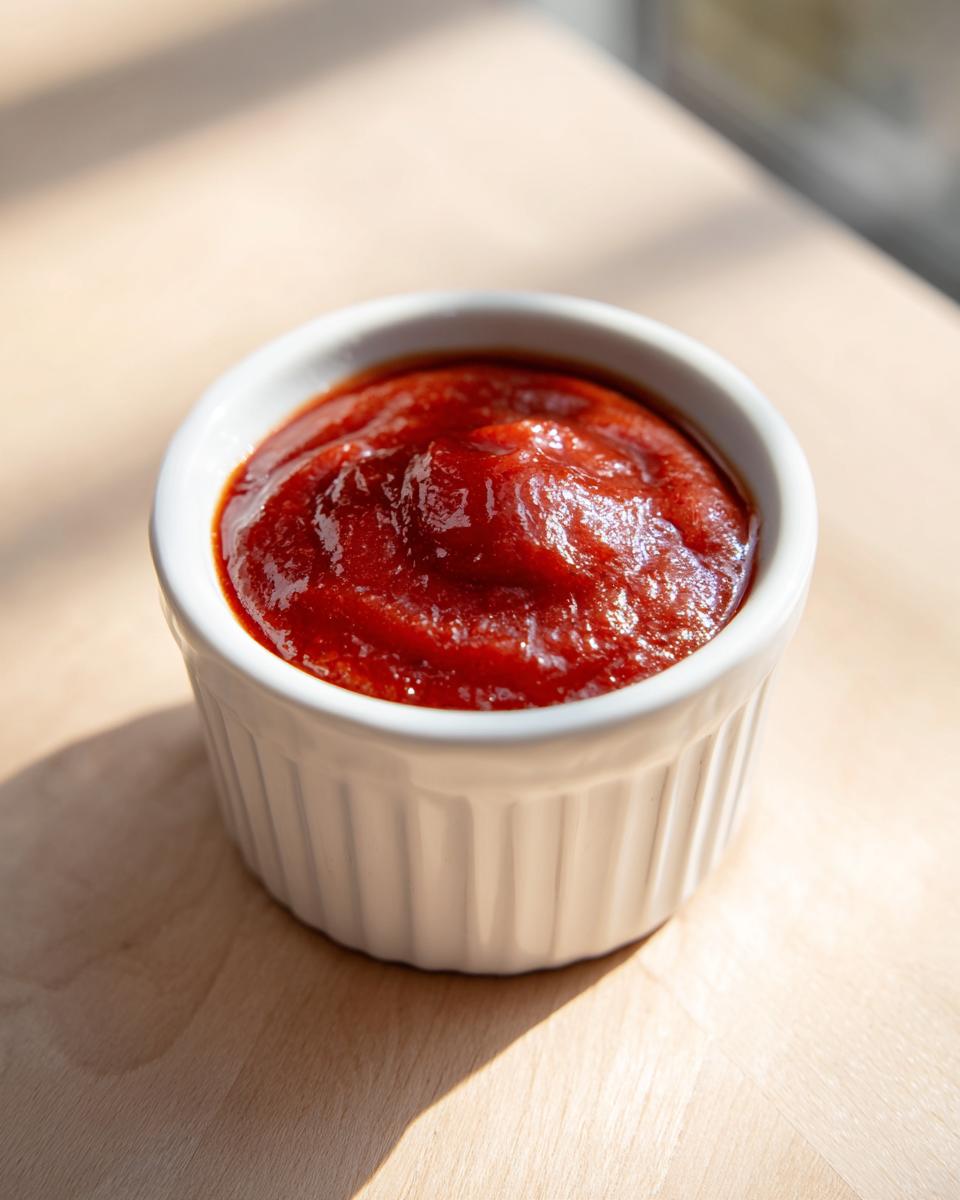 Close-up of thick, rich red homemade bbq sauce served in a small white fluted ramekin.