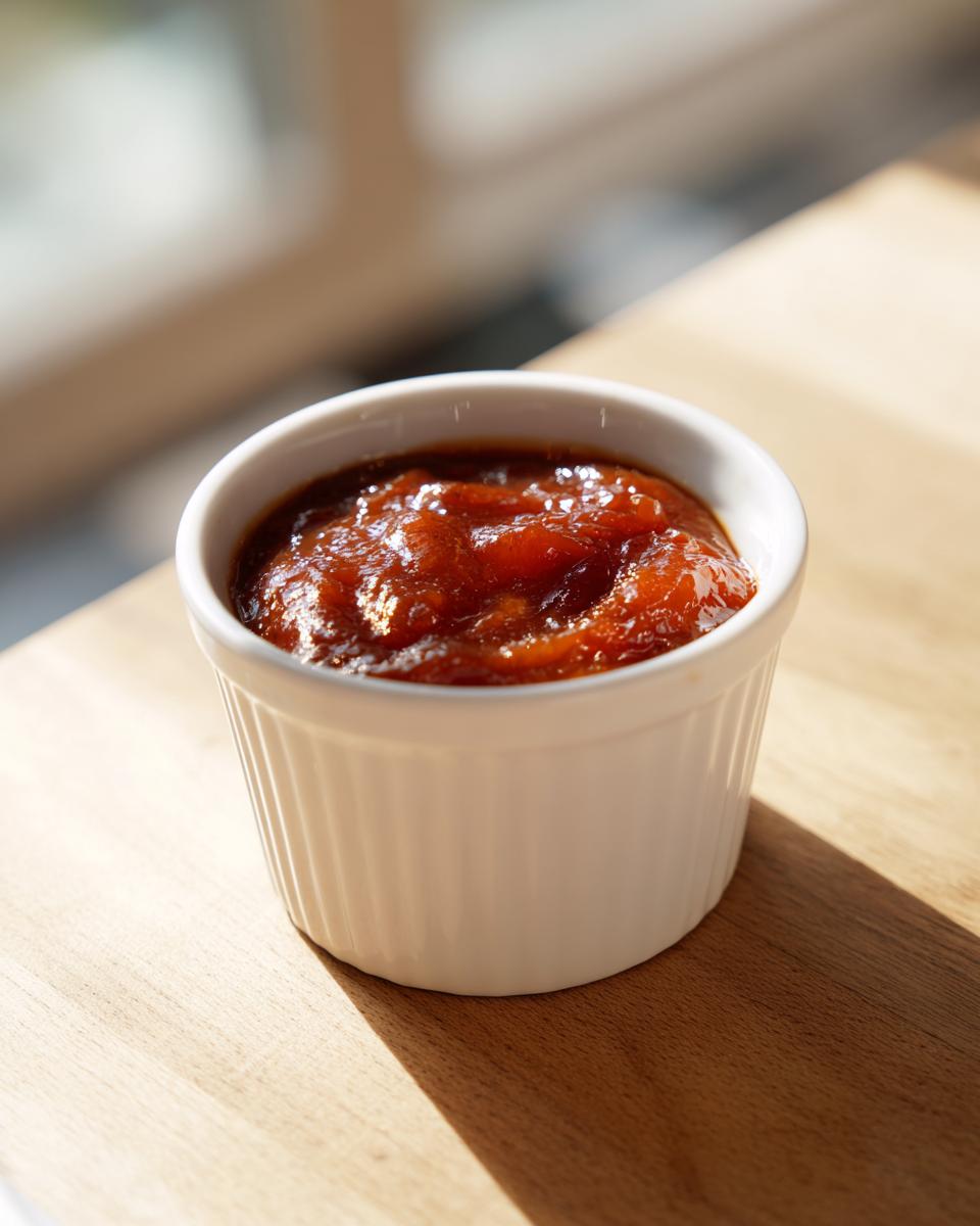 Close-up of thick, rich homemade bbq sauce served in a small white fluted ramekin on a wooden surface.
