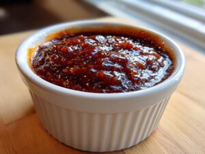 Close-up of thick, glossy, dark red homemade bbq sauce served in a small white ramekin.