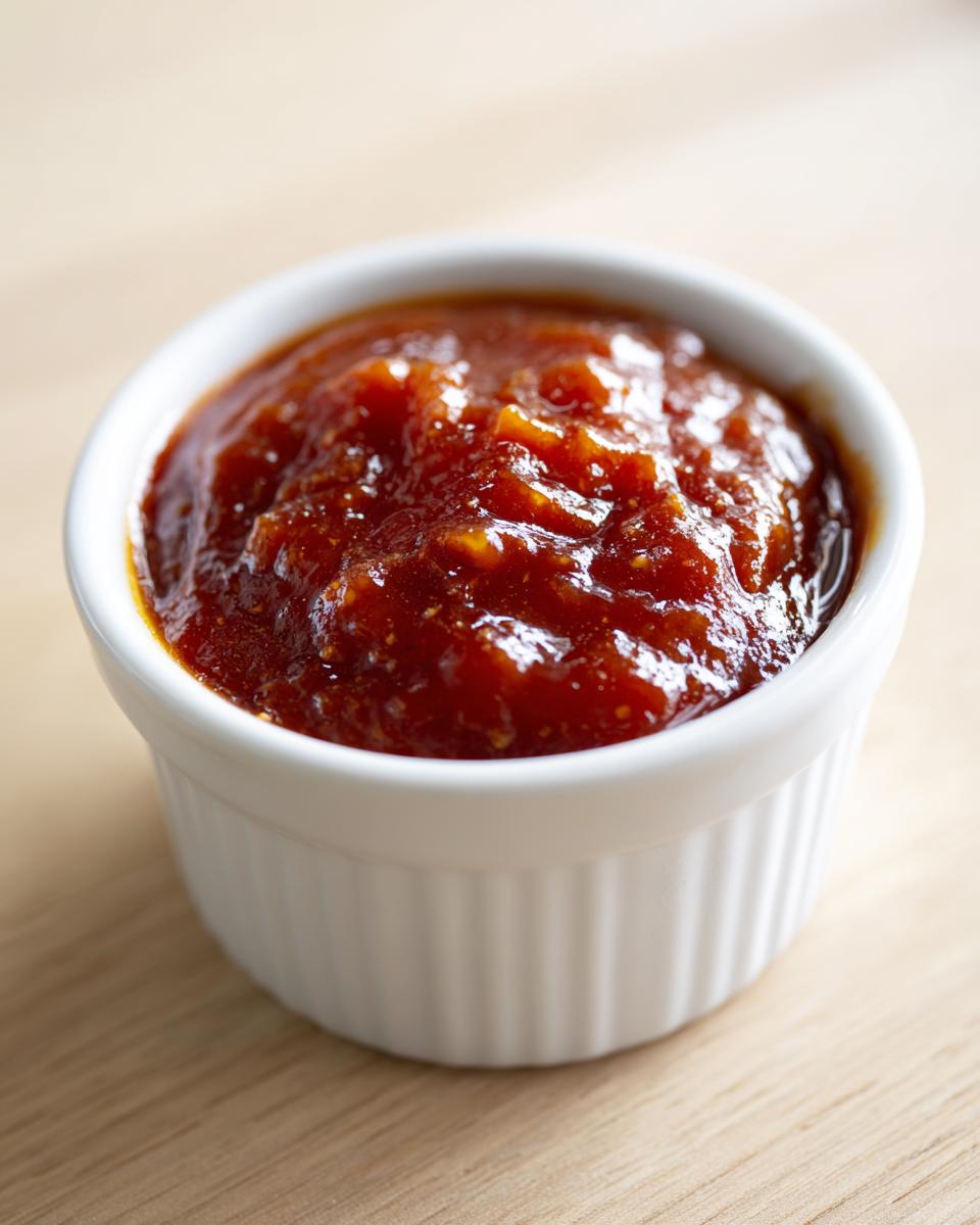 Close-up of thick, rich, homemade bbq sauce served in a small white ramekin on a wooden surface.