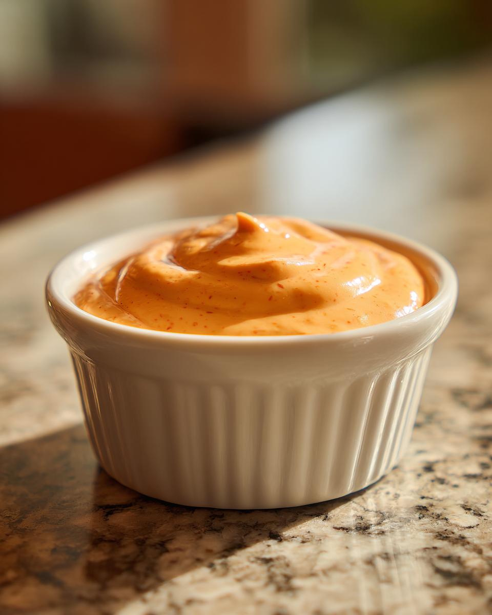 Close-up of creamy, orange-hued big mac sauce swirled in a small white ramekin on a speckled countertop.