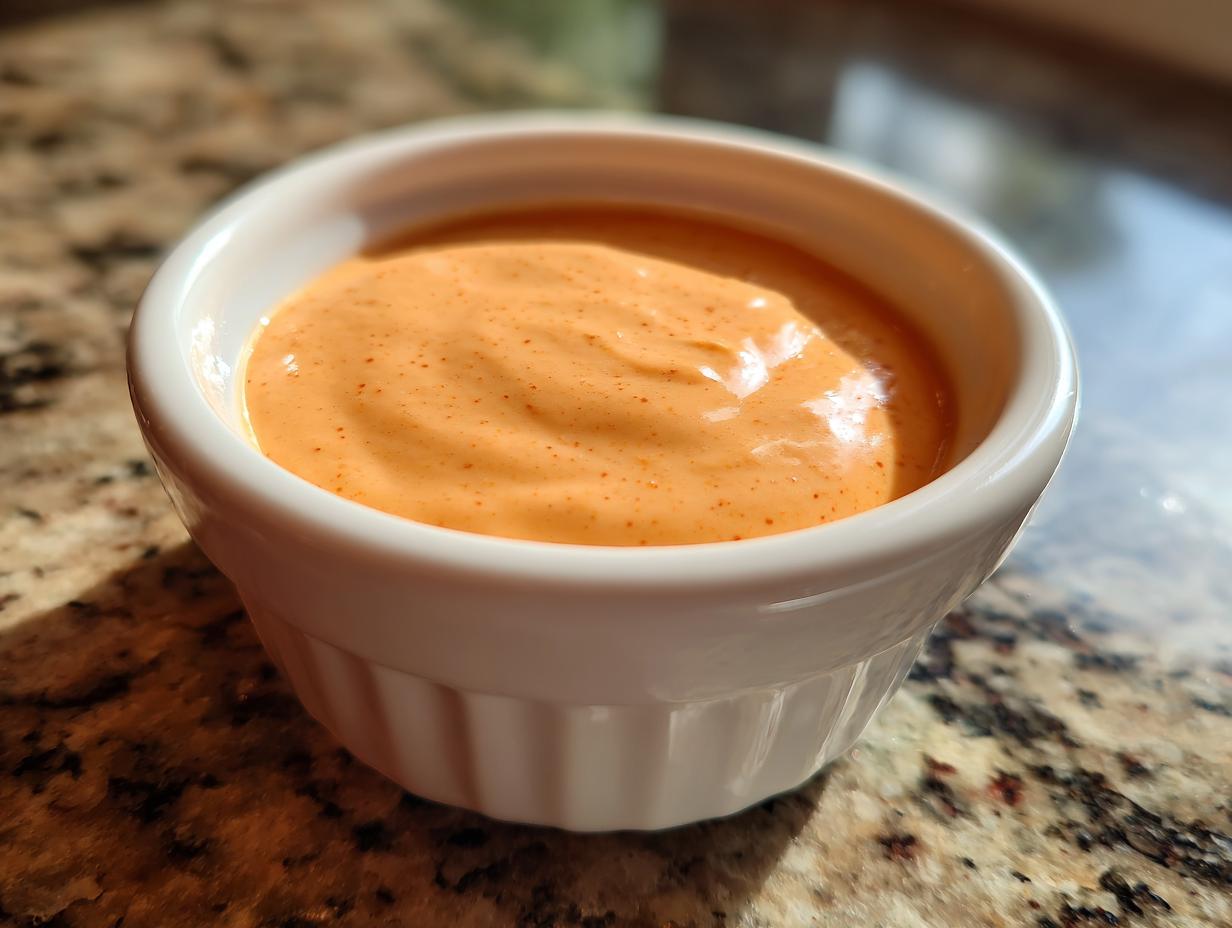 Close-up of creamy, orange-hued homemade big mac sauce served in a small white ramekin on a speckled countertop.