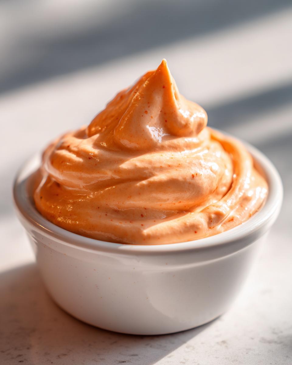 Close-up of creamy, orange-hued big mac sauce swirled high in a small white ramekin.