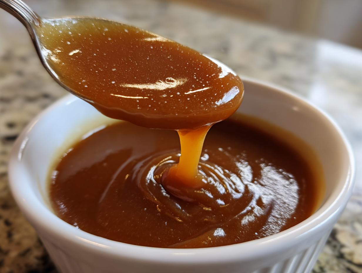 Close-up of thick, rich homemade brown gravy dripping from a spoon into a white bowl.
