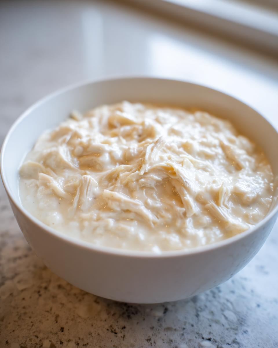 Close-up of rich, shredded chicken suspended in a creamy sauce, representing homemade cream of chicken soup.