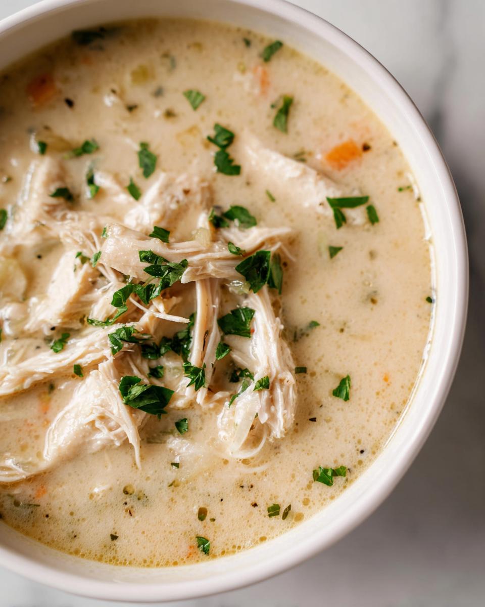 Close-up of a white bowl filled with creamy, homemade cream of chicken soup topped with shredded chicken and fresh parsley.