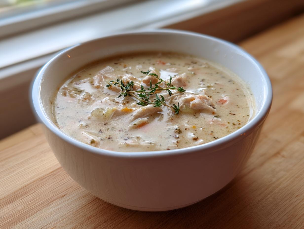 A close-up of a white bowl filled with rich homemade cream of chicken soup, garnished with fresh thyme.