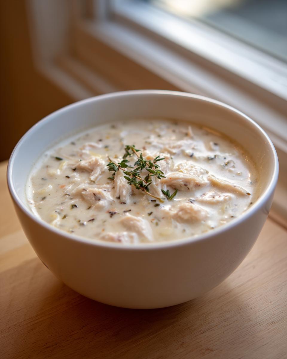A close-up of a white bowl filled with rich homemade cream of chicken soup, garnished with fresh thyme.