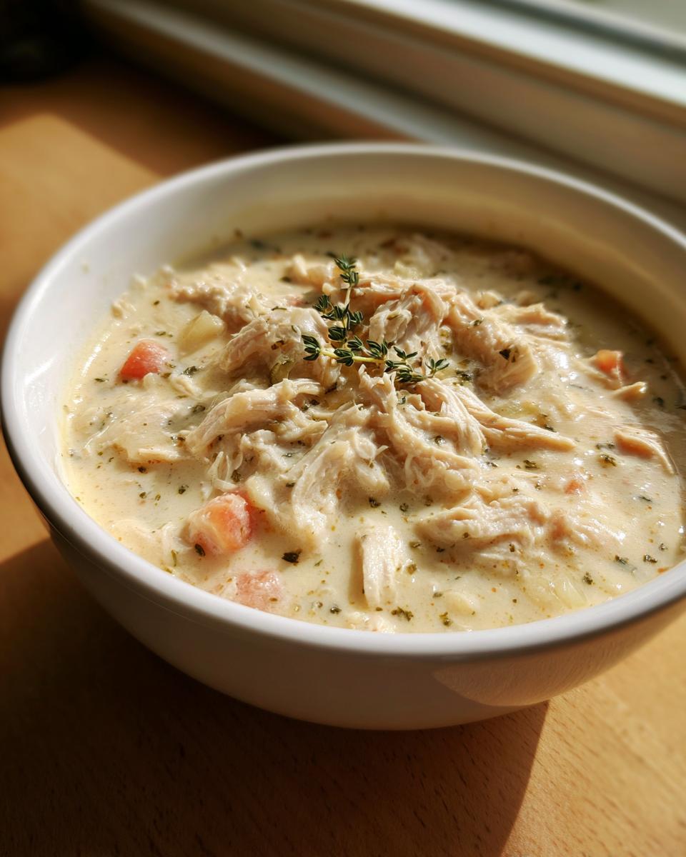 Close-up of a white bowl filled with rich homemade cream of chicken soup, topped with shredded chicken and fresh thyme.