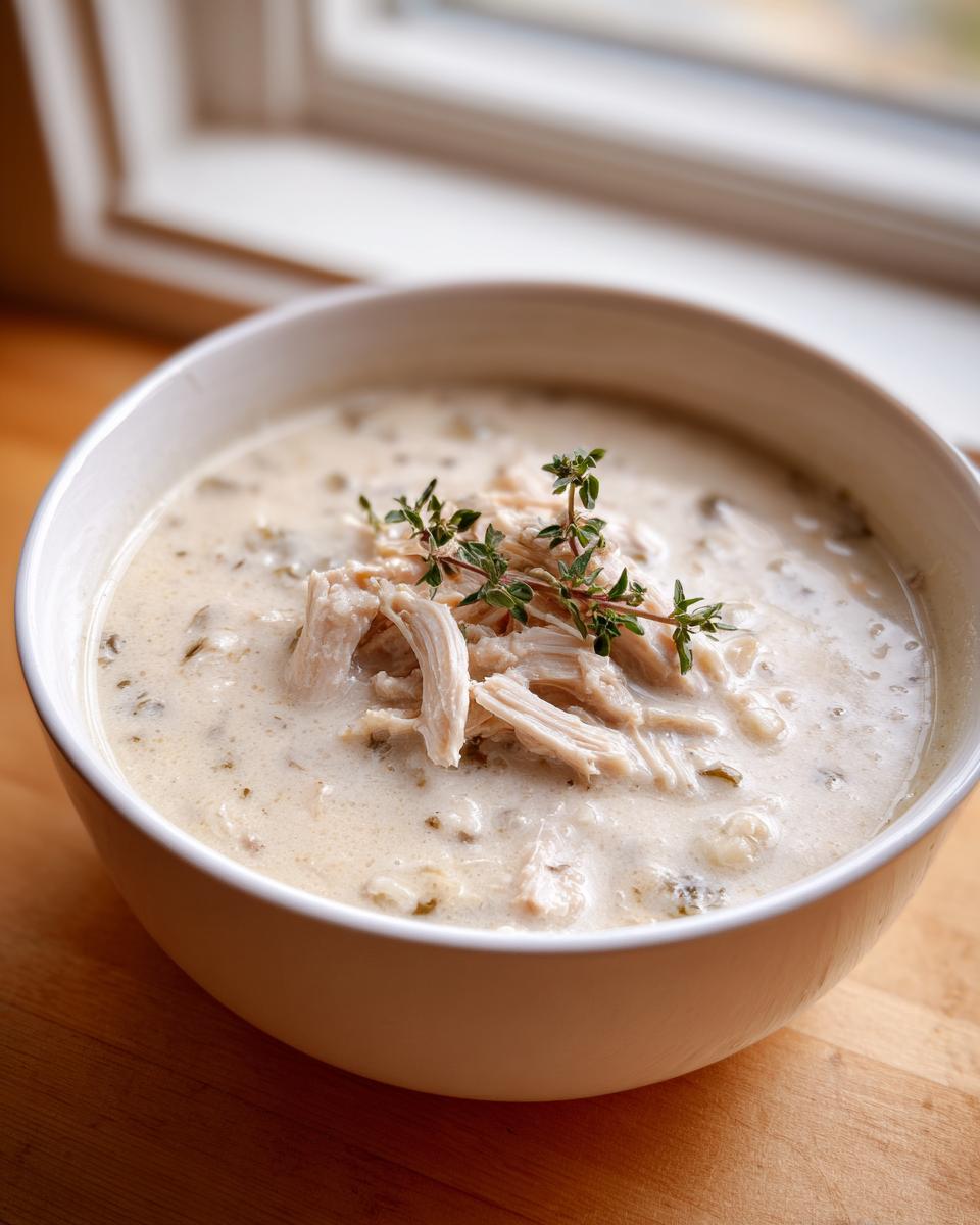 A close-up of a white bowl filled with creamy homemade cream of chicken soup, topped with shredded chicken and fresh thyme.