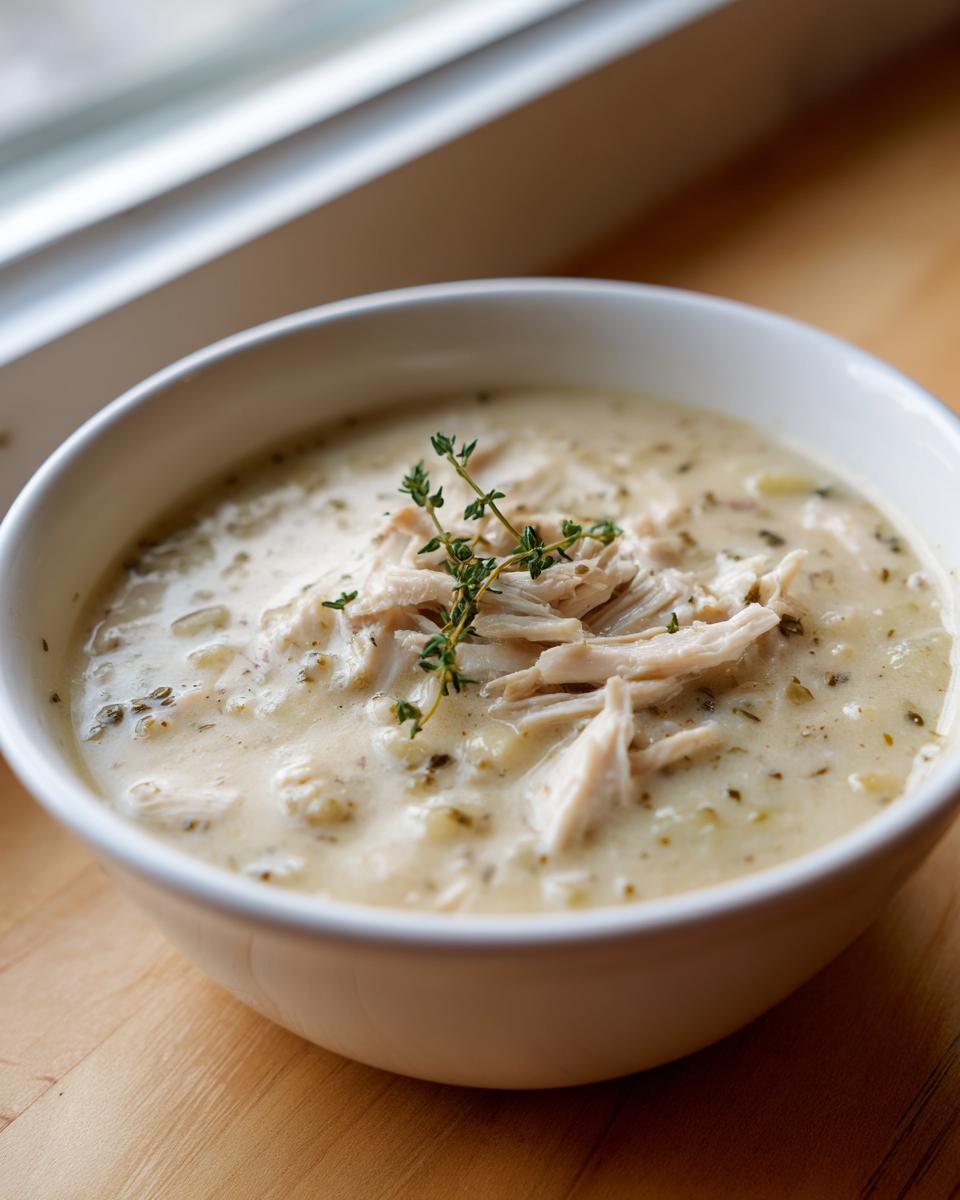 A close-up of a white bowl filled with rich homemade cream of chicken soup, topped with shredded chicken and fresh thyme.