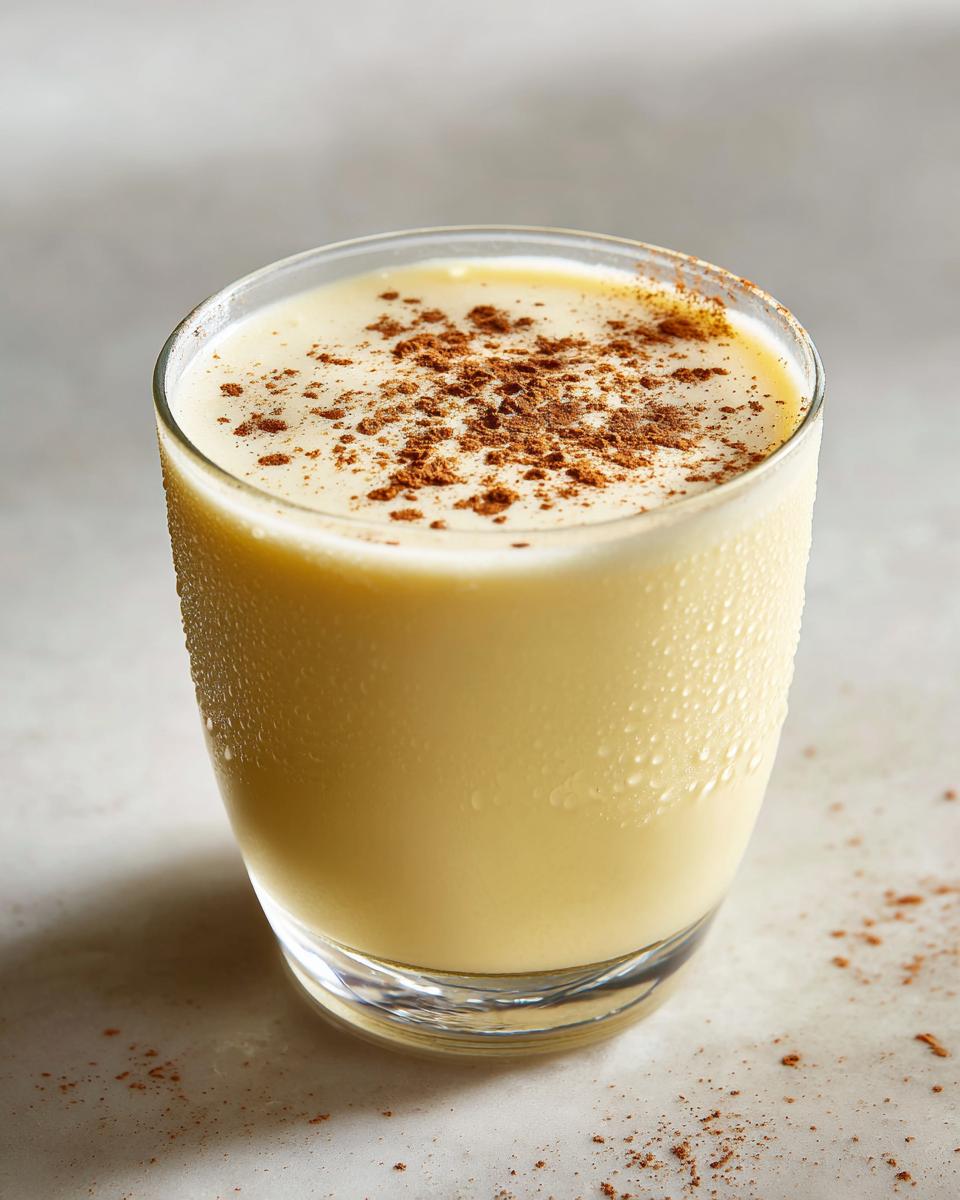 A refreshing glass of homemade eggnog, showing condensation on the glass and topped with a dusting of cinnamon.