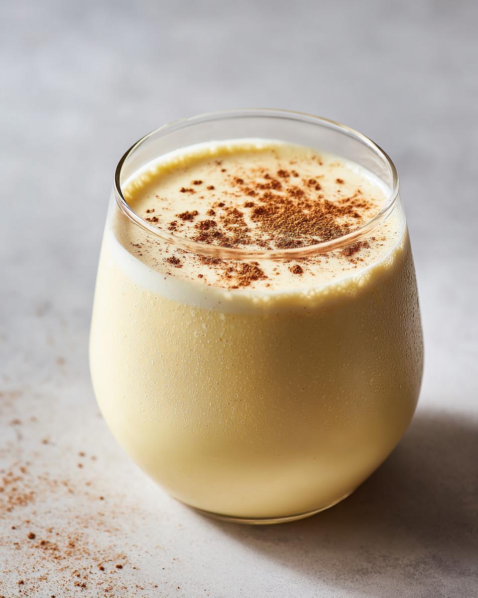 A close-up of a glass filled with creamy, yellow homemade eggnog, topped with a sprinkle of cinnamon.