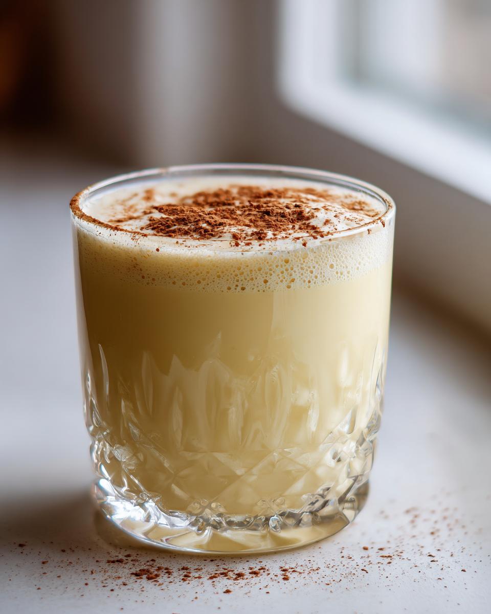 A creamy glass of homemade eggnog topped with a generous dusting of ground cinnamon.
