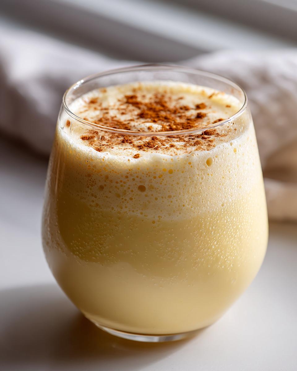 Close-up of a glass filled with creamy, frothy homemade eggnog, topped with a dusting of cinnamon.