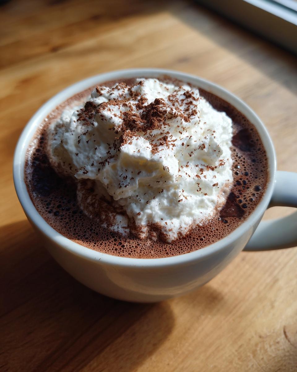Close-up of a mug of rich homemade hot cocoa topped with a generous swirl of whipped cream and chocolate shavings.