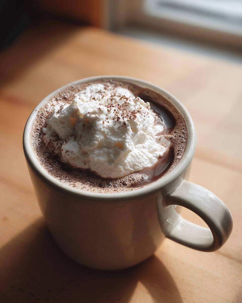 A cozy mug filled with rich homemade hot cocoa topped generously with whipped cream and chocolate shavings.