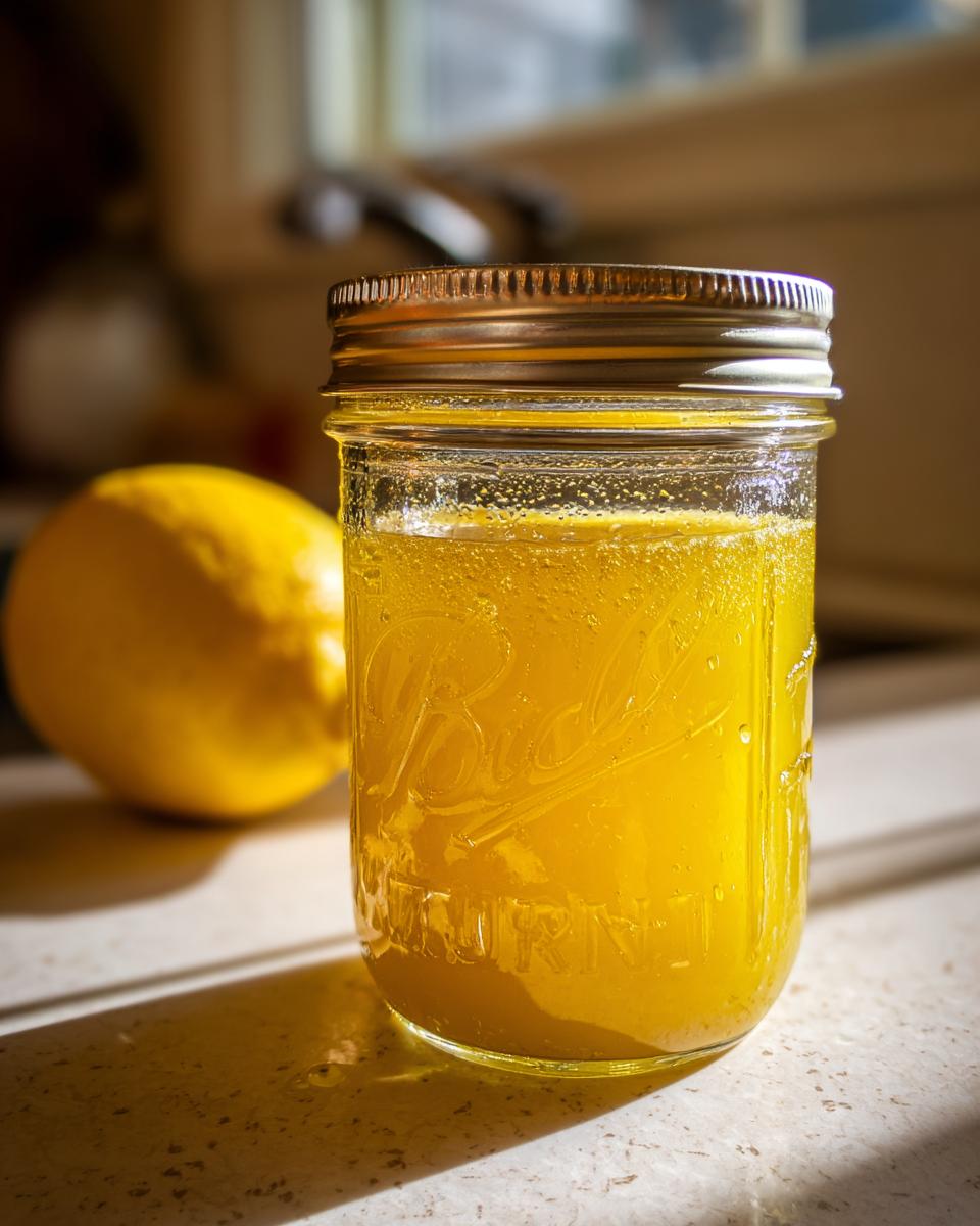 Bright yellow homemade salad dressing, likely lemon-based, stored in a Ball mason jar next to a whole lemon.