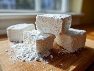 Close-up of several fluffy homemade marshmallows stacked and dusted heavily with powdered sugar on a wooden board.