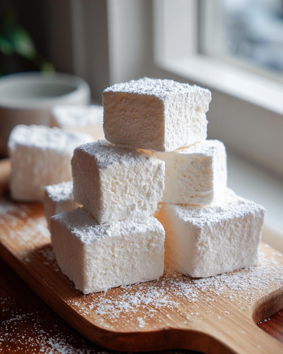 A stack of fluffy, square homemade marshmallows heavily dusted with powdered sugar on a wooden board.
