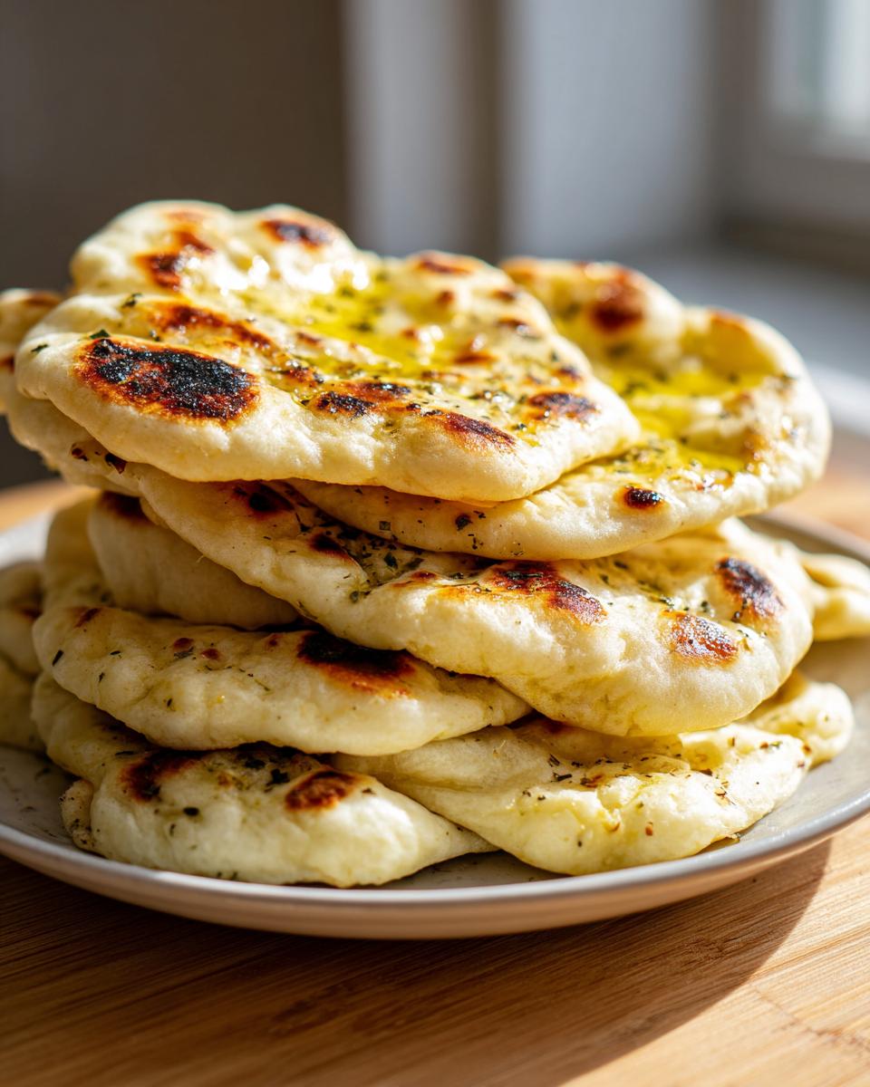 A tall stack of freshly made naan bread recipe, brushed with melted butter and herbs, resting on a plate.