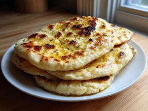 A stack of fluffy, golden-brown homemade naan bread brushed with melted butter and herbs.