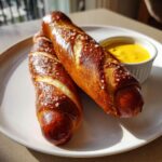 Two freshly baked pretzel dogs sprinkled with coarse salt, served on a white plate next to a small ramekin of bright yellow cheese sauce.