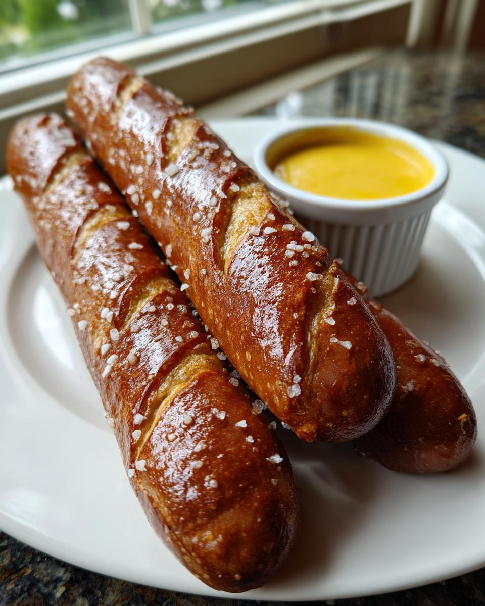 Close-up of two shiny, salted pretzel dogs served on a white plate next to a small ramekin of bright yellow cheese sauce.