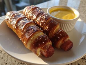 Two golden brown pretzel dogs sprinkled with coarse salt served on a white plate next to a small ramekin of bright yellow cheese sauce.