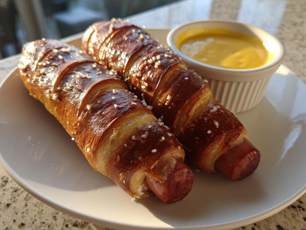 Two golden brown pretzel dogs sprinkled with coarse salt served on a white plate next to a small ramekin of bright yellow cheese sauce.