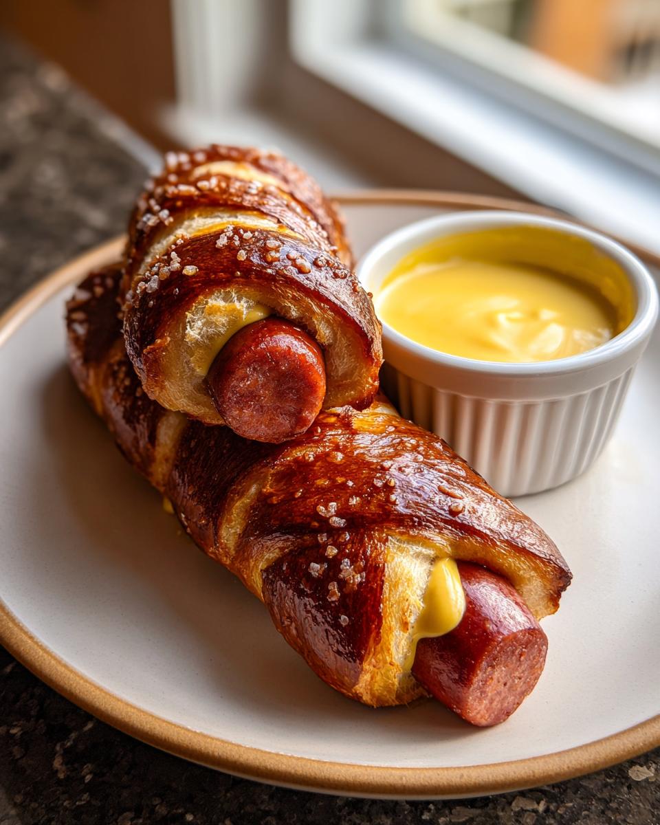 Two homemade pretzel dogs wrapped in dark, salted pretzel dough, served with a side of bright yellow cheese sauce.