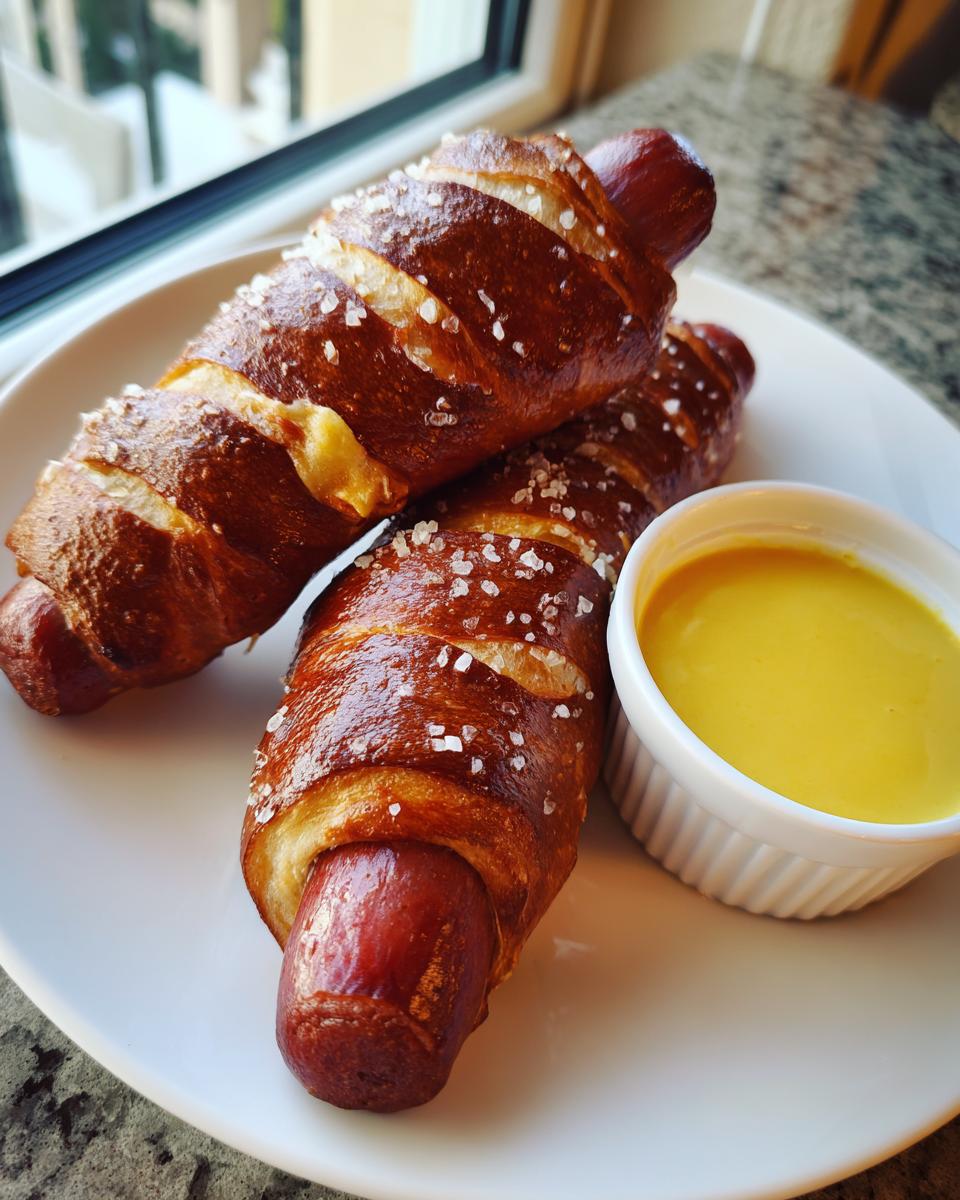 Two freshly baked pretzel dogs sprinkled with coarse salt, served on a white plate next to a small dish of bright yellow cheese sauce.