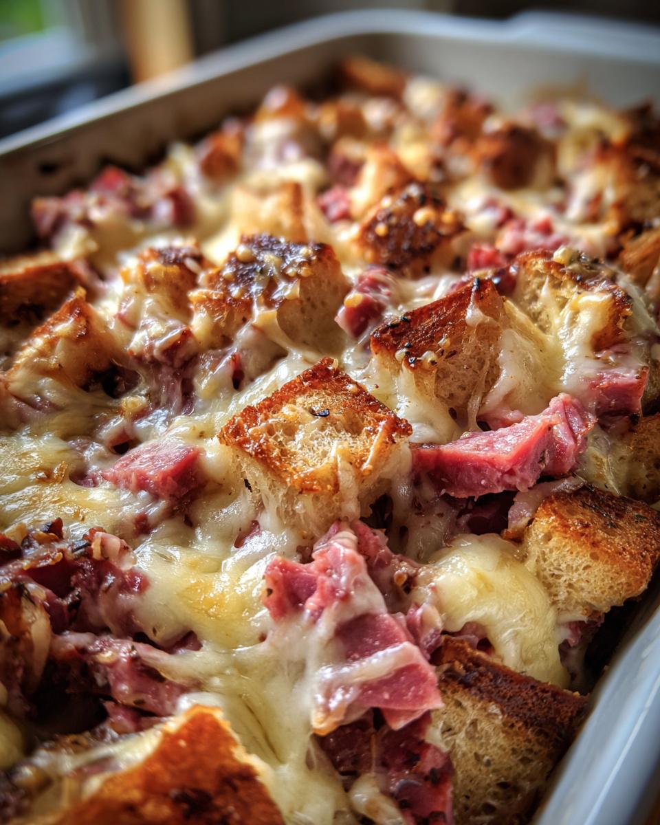 Close-up of a bubbly, cheesy homemade Reuben bake featuring toasted bread cubes and chunks of corned beef.