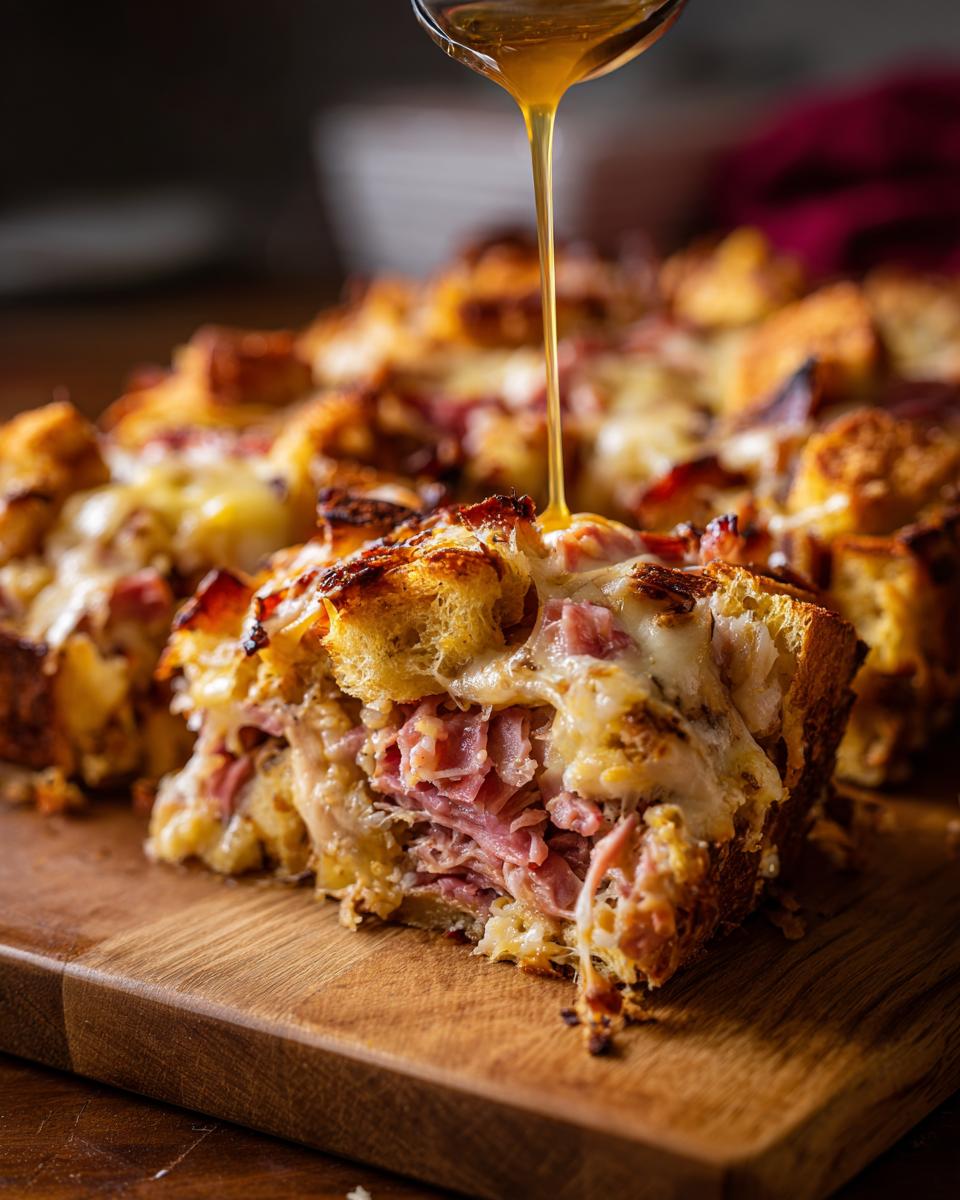 A slice of cheesy homemade Reuben bake being drizzled with a golden sauce from a spoon.