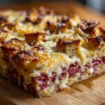 A cross-section slice of a homemade Reuben bake, showing layers of corned beef, melted cheese, and a crunchy bread topping.