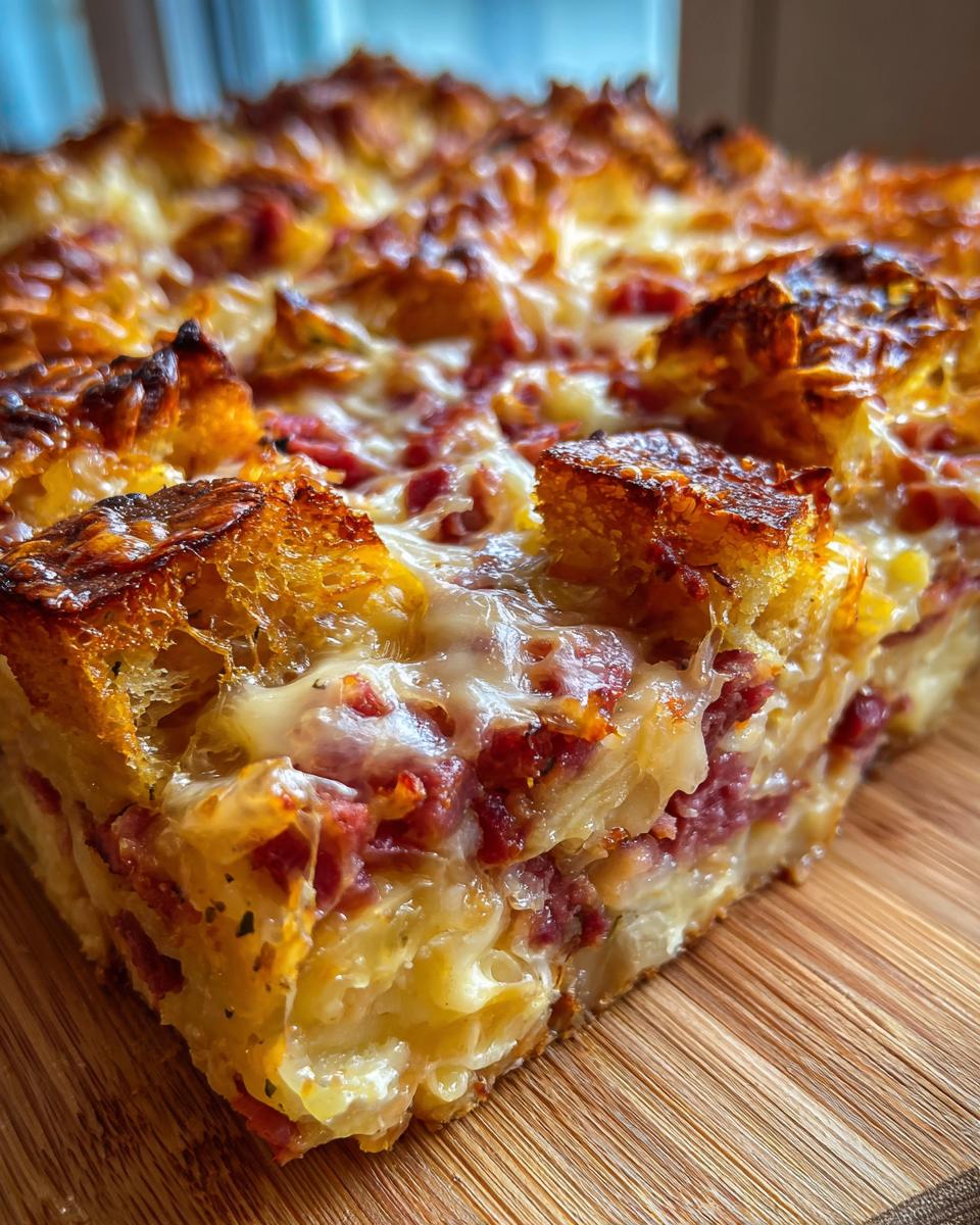 A close-up, mouthwatering slice of homemade Reuben bake showing melted cheese, corned beef, and toasted bread cubes.