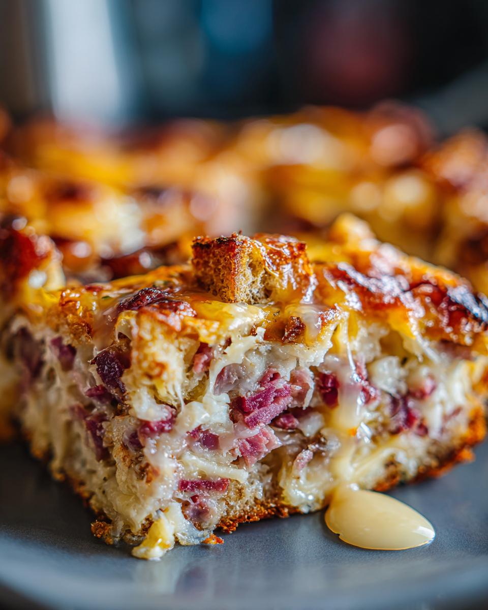 A close-up, gooey slice of homemade Reuben bake showing corned beef, cheese, and bread layers.